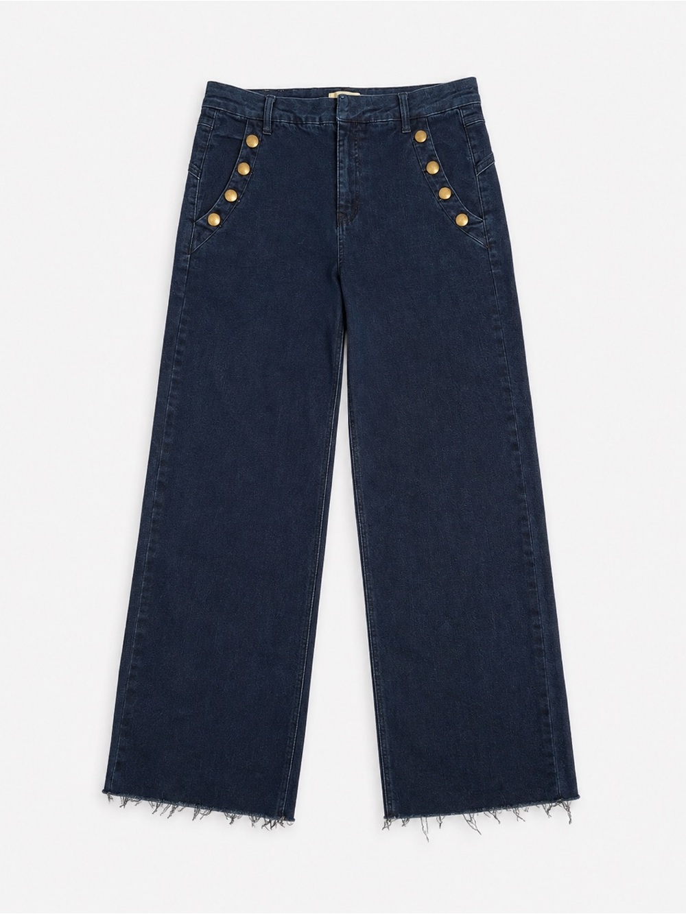 Cream Wide-Leg Dark Blue Jeans with Button Detail - Women